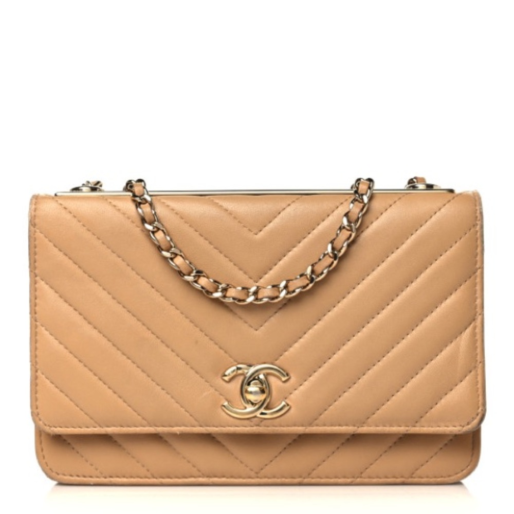 CHANEL Lambskin Chevron Quilted Trendy CC Wallet On Chain WOC Beige